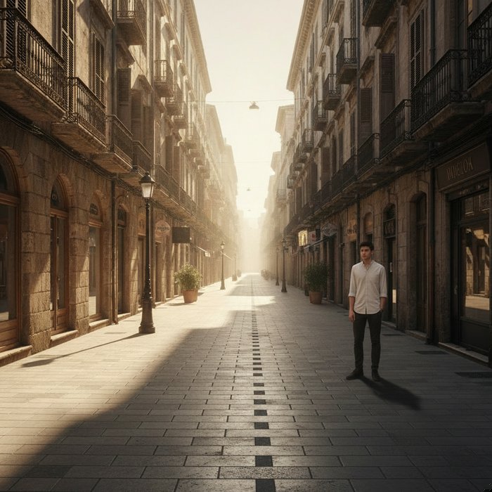 Городская улица в солнечном свете, на тротуаре стоит молодой человек в светлой рубашке, детали зданий и тени сохраняются, естественное освещение, высокая детализация, 4K, фотореализм