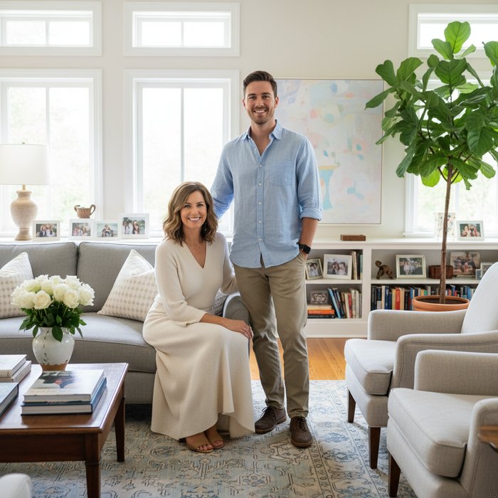 Семейный портрет в гостиной, мягкое естественное освещение, на диване сидит женщина, рядом с ней стоит молодой мужчина в светлой рубашке, детали интерьера, фотореализм, 4K