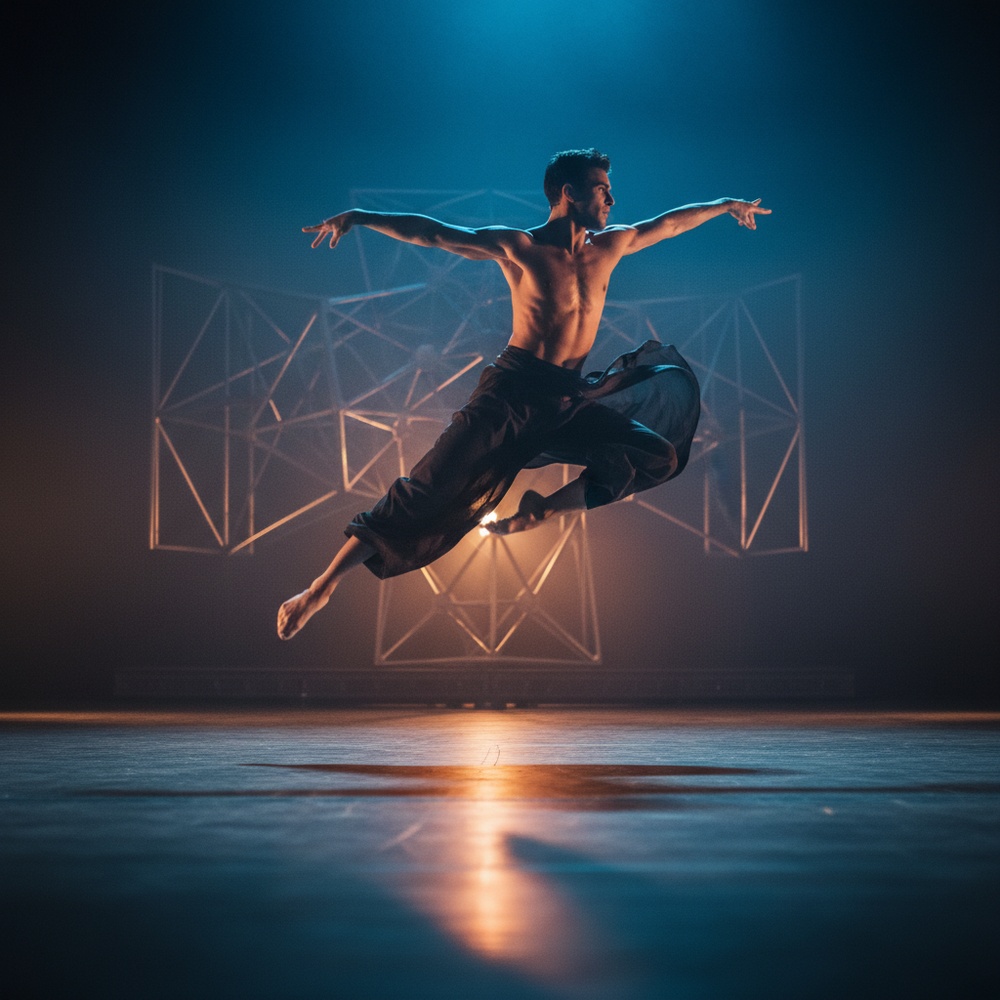 Dynamic cinematic frame of a character following reference choreography, controlled body motion trajectory, realistic human pose, smooth movement continuity, dramatic lighting, photorealistic detail, 4k