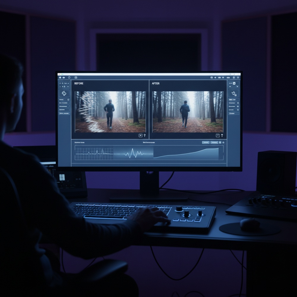 AI stabilization workflow visual: before shaky frame and after smooth frame concept, clean post-production interface, professional editing environment, realistic monitor glow, minimal design, no text, high detail