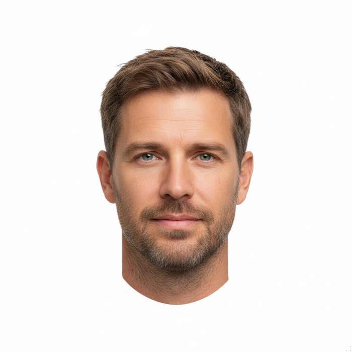 Вырезанное лицо человека из предыдущей фотографии, помещённое на чистый белый фон, чёткие контуры, детали кожи, глаза, волосы, без лишних артефактов, 4K, фотореализм