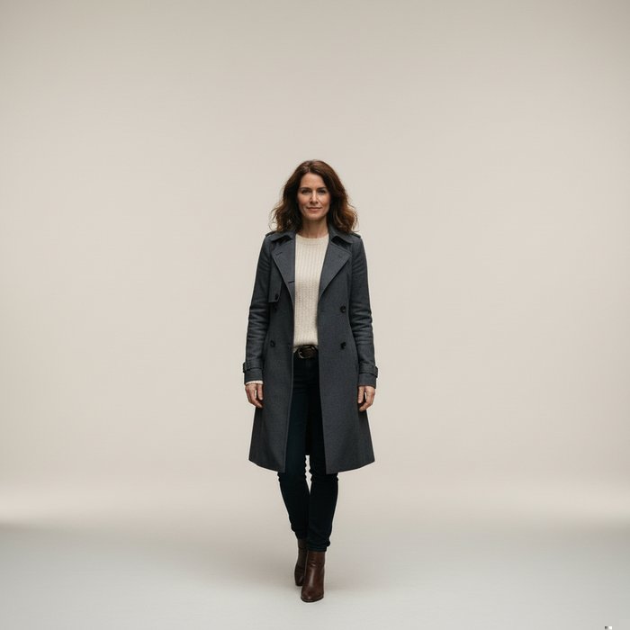 Тот же портрет женщины, теперь на нейтральном светлом студийном фоне, мягкое рассеянное освещение, без теней, высокая детализация, 4K, реалистичная цветопередача