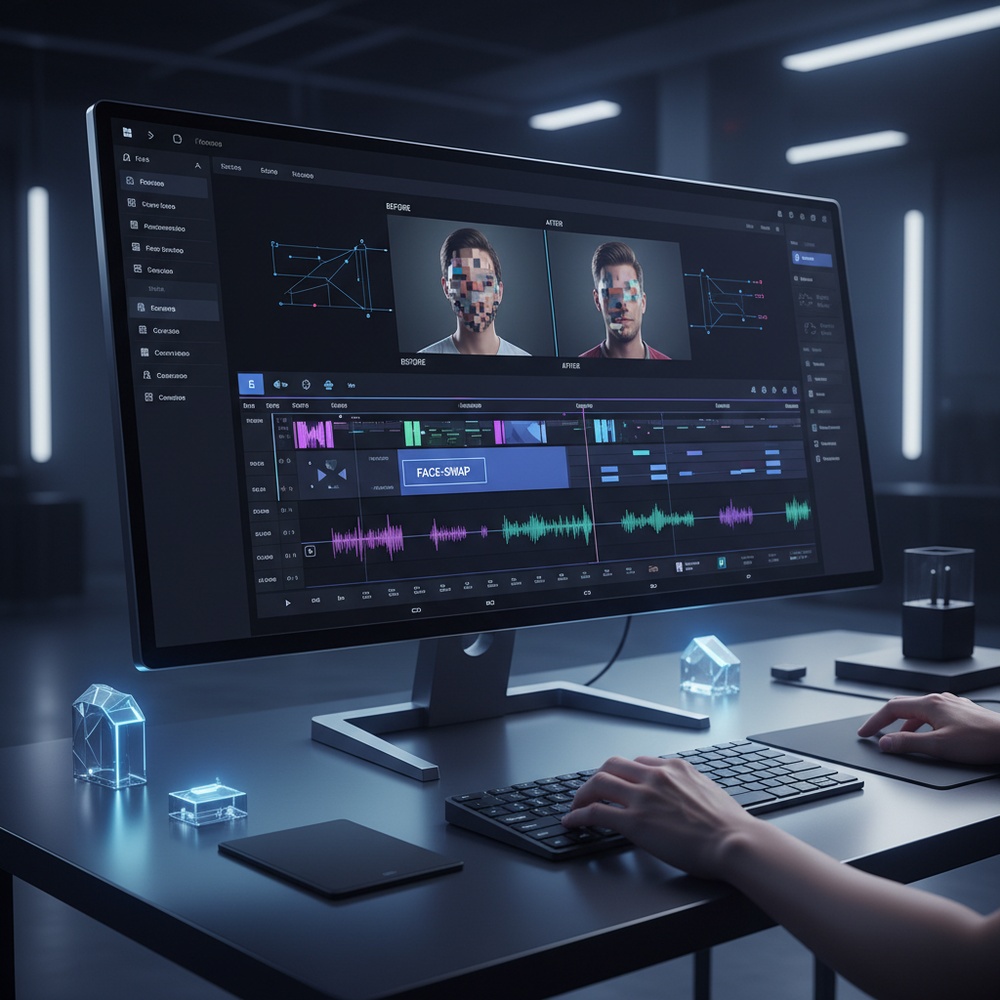 Modern AI video editing workflow scene, timeline interface with face-swap process preview, split before/after frame concept, professional dark UI, clean and minimal, realistic screen glow, product-style composition, no logos, no text, high detail