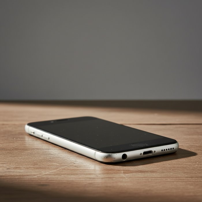 фотография в студии, на том же столе лежит новый смартфон без царапин, нейтральный серый фон, естественное освещение, детали корпуса чётко видны, высокая детализация, 4K